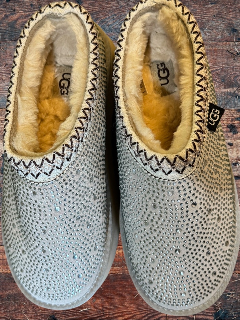 UGG RARE Vintage Tasman Platform Rhinestone Suede Mules Clogs Slippers Sand Grey - Picture 2 of 16